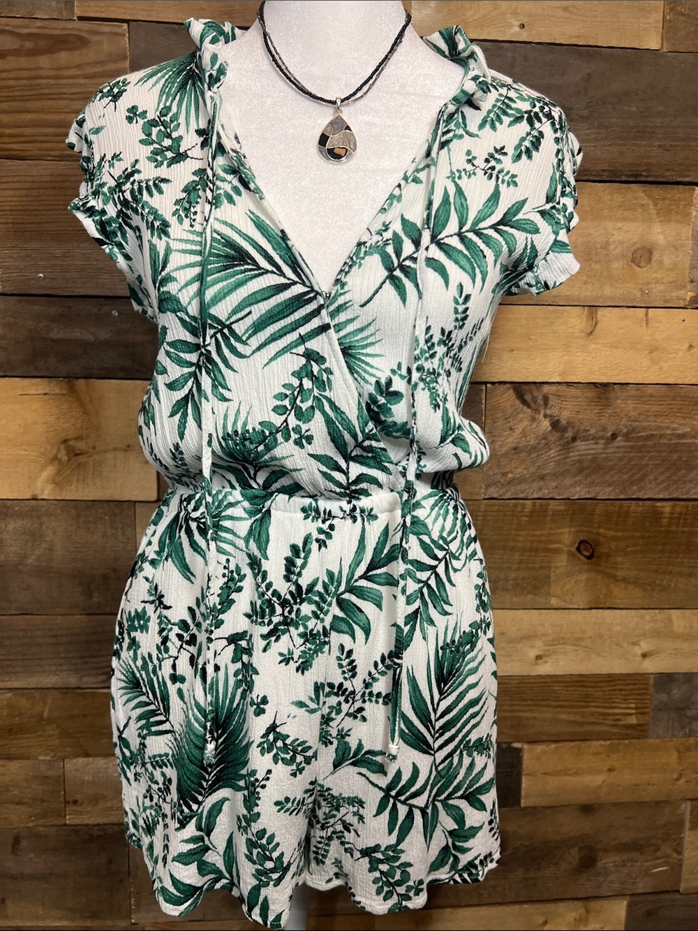 Blue Rain White & Green Tropical Print Romper